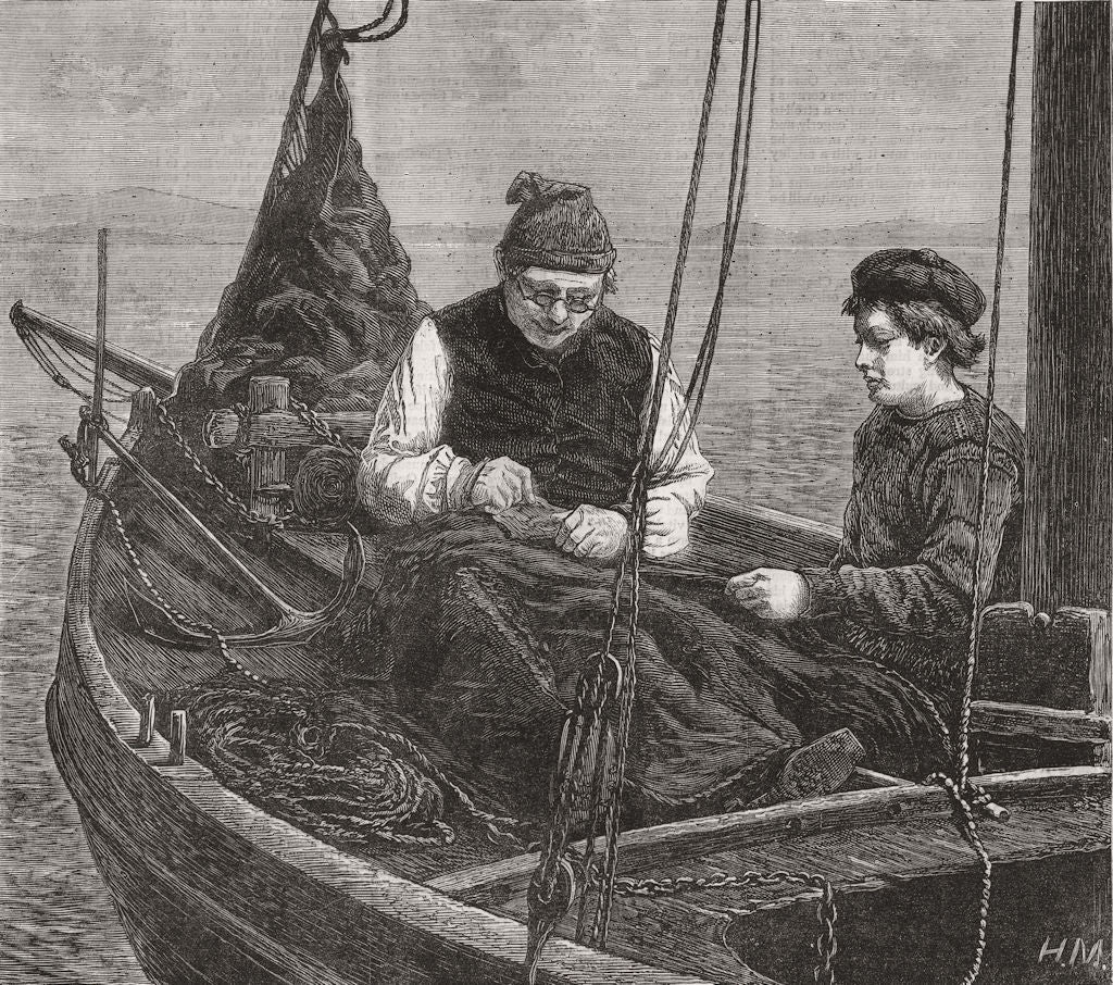SEASCAPES. Mending jib 1871 old antique vintage print picture
